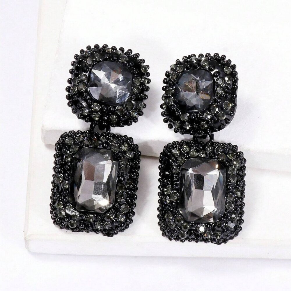 Black & Grey Rhinestone Gems Earrings NEW Retro Geometric Elegant Goth Halloween